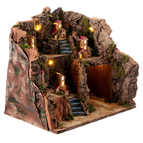 Krippenszenerie mit Grotte, diversen Miniatur-Häusern und Beleuchtung, neapolitanischer Stil, für 12 cm Figuren, 35x35x25 cm 3