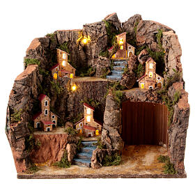 Illuminated village with cave and houses at distance for 12 cm Nativity Scene, 35x35x25 cm