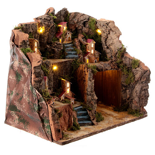 Borgo grotta case in lontananza illuminato presepe 12 cm 35x35x25 cm 3