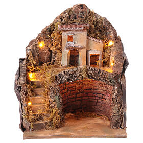 Krippenszenerie mit Grotte, Miniatur-Haus vor Felswand und Beleuchtung, neapolitanischer Stil, für 12 cm Figuren, 35x25x20 cm