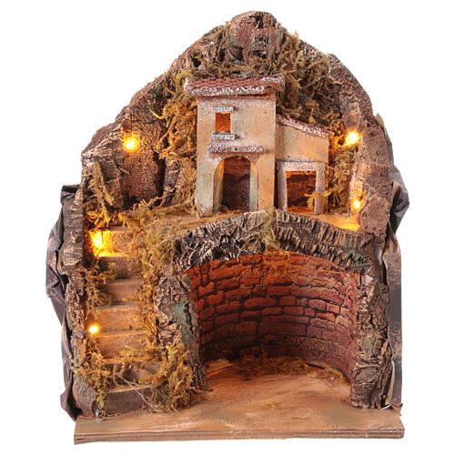 Krippenszenerie mit Grotte, Miniatur-Haus vor Felswand und Beleuchtung, neapolitanischer Stil, für 12 cm Figuren, 35x25x20 cm 1
