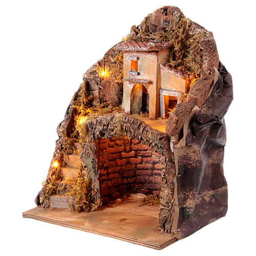Krippenszenerie mit Grotte, Miniatur-Haus vor Felswand und Beleuchtung, neapolitanischer Stil, für 12 cm Figuren, 35x25x20 cm 2