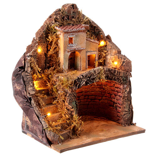 Krippenszenerie mit Grotte, Miniatur-Haus vor Felswand und Beleuchtung, neapolitanischer Stil, für 12 cm Figuren, 35x25x20 cm 3