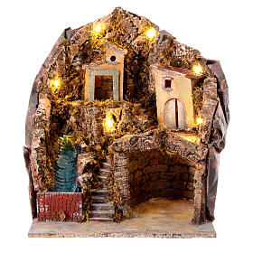 Krippenszenerie mit Grotte, Bergdorf, Wasserfall und Beleuchtung, neapolitanischer Stil, für 12 cm Figuren, 40x35x35 cm