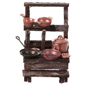 Verkaufsstand mit Kupfertöpfen, Krippenzubehör, neapolitanischer Stil, für 12 cm Krippe, 10x5x5 cm