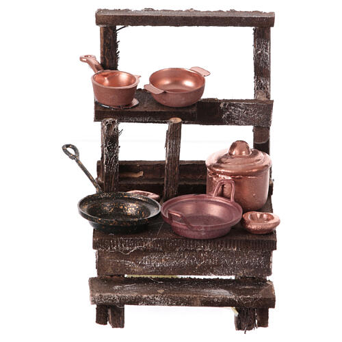 Verkaufsstand mit Kupfertöpfen, Krippenzubehör, neapolitanischer Stil, für 12 cm Krippe, 10x5x5 cm 1