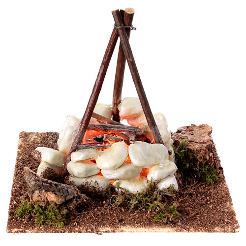 Bonfire with white stones, Neapolitan nativity scene 12 cm, flickering light 15x15x15 cm 1