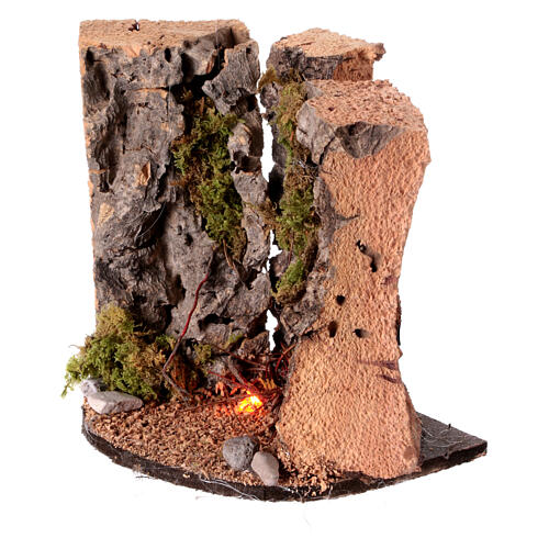 Ognisko w skałach, szopka 8 cm, Neapol, korek, oświetlany, 10x10x5 cm 2