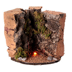Lighted bonfire among rocks nativity scene 8 cm Naples cork 10x10x5 cm