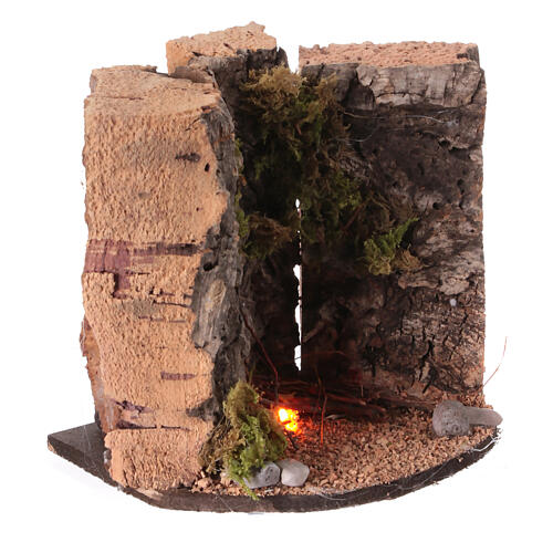 Lighted bonfire among rocks nativity scene 8 cm Naples cork 10x10x5 cm 3