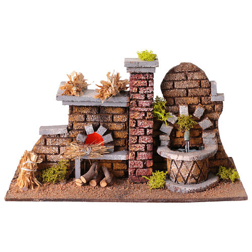 Scène four et fontaine crèche napolitaine 8 cm éclairée 15x25x10 cm 1