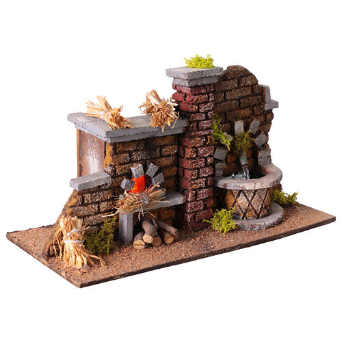 Cena forno e fontanário presépio napolitano 8 cm iluminado 15x25x10 cm 3