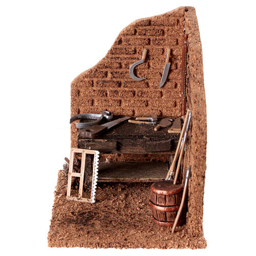 Mauerecke mit Werkbank und Arbeitsmitteln, Krippenzubehör, neapolitanischer Stil, für 10 cm Krippe, 15x15x10 cm 1