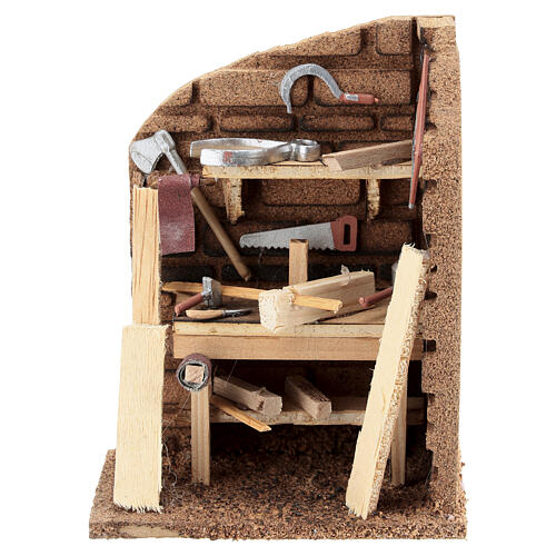Mauerecke mit Werkbank und Arbeitsmitteln, Krippenzubehör, neapolitanischer Stil, für 10 cm Krippe, 15x15x10 cm 1