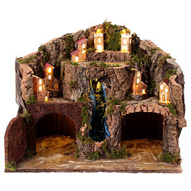 Village with central waterfall for 10 cm Neapolitan Nativity Scene, 35x45x30 cm