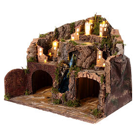 Village with central waterfall for 10 cm Neapolitan Nativity Scene, 35x45x30 cm