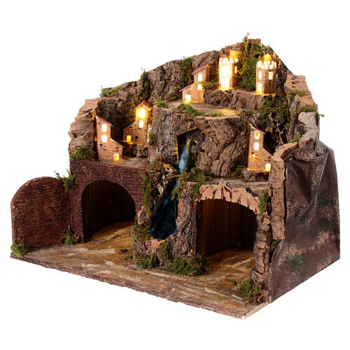 Village with central waterfall for 10 cm Neapolitan Nativity Scene, 35x45x30 cm 2