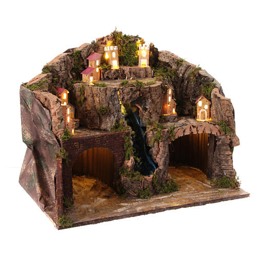 Village with central waterfall for 10 cm Neapolitan Nativity Scene, 35x45x30 cm 3