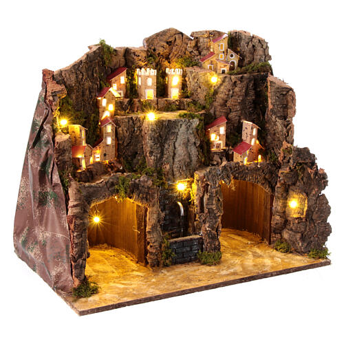 Village crèche napolitaine 12 cm deux grottes fontaine lumières 40x45x30 cm 3