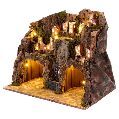 Aldeia com duas grutas chafariz e luzes para presépio napolitano de 12 cm 40x45x30 cm 2