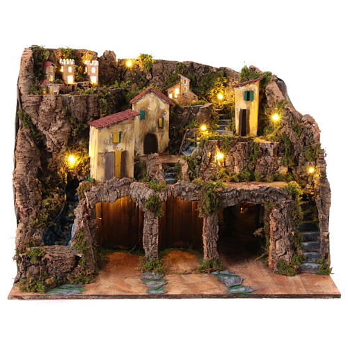 Village with lateral waterfall and three caves for 10-12 cm Neapolitan Nativity Scene, 45x60x45 cm 1