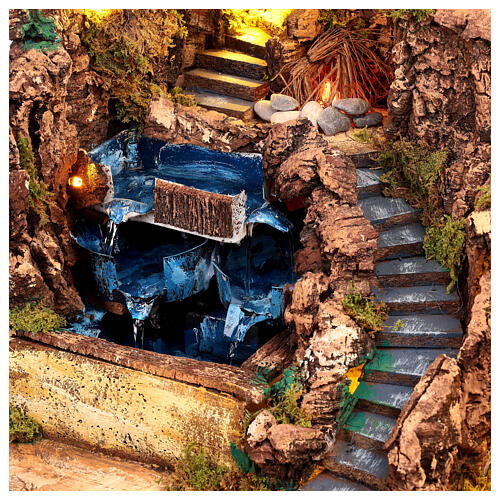 Village with triple fountain, fire and lights for 12 cm Neapolitan Nativity Scene, 40x45x40 cm 2