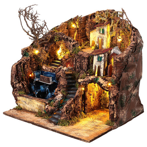 Village with triple fountain, fire and lights for 12 cm Neapolitan Nativity Scene, 40x45x40 cm 3