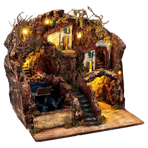 Village with triple fountain, fire and lights for 12 cm Neapolitan Nativity Scene, 40x45x40 cm 5
