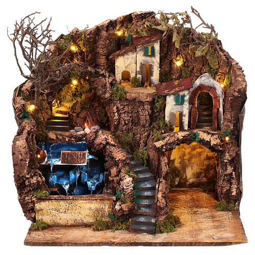 Nativity scene village fountain triple bonfire lights 12 cm Naples 40x45x40 cm 1