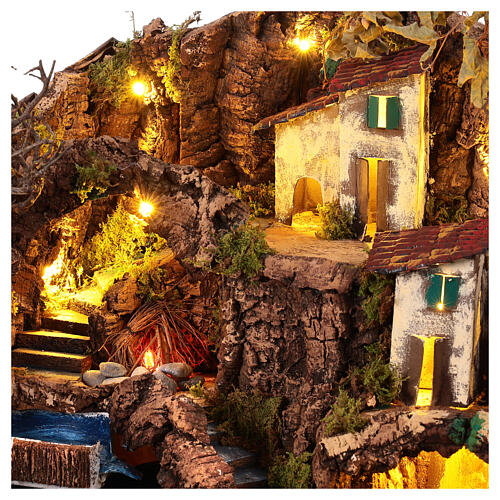 Nativity scene village fountain triple bonfire lights 12 cm Naples 40x45x40 cm 4