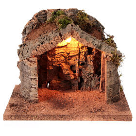 Cork stable for 12-14 cm Neapolitan Nativity Scene, illuminated, 25x35x25 cm