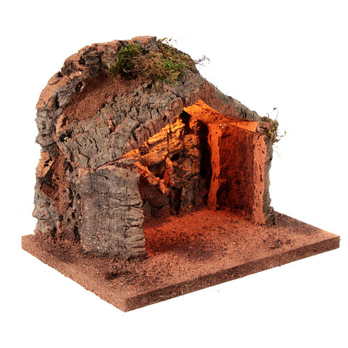 Cork stable for 12-14 cm Neapolitan Nativity Scene, illuminated, 25x35x25 cm 3