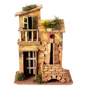 House with balcony for 8 cm Neapolitan Nativity Scene, wood and cork, 25x20x15 cm