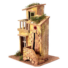 House with balcony for 8 cm Neapolitan Nativity Scene, wood and cork, 25x20x15 cm