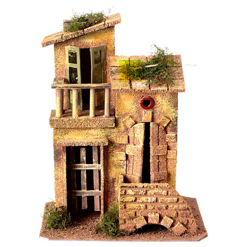 House with balcony for 8 cm Neapolitan Nativity Scene, wood and cork, 25x20x15 cm 1