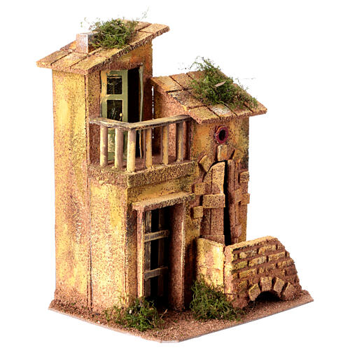 House with balcony for 8 cm Neapolitan Nativity Scene, wood and cork, 25x20x15 cm 3