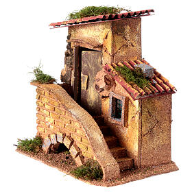 Casa com escada presépio 8 cm miniatura madeira cortiça 20x20x15 cm