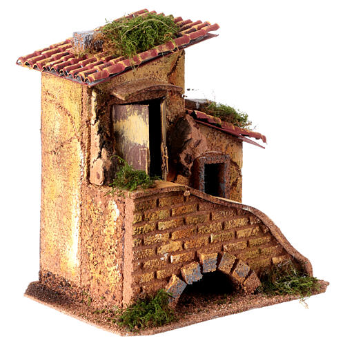 Casa com escada presépio 8 cm miniatura madeira cortiça 20x20x15 cm 3