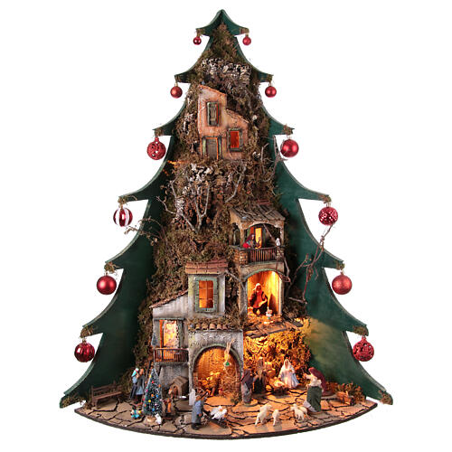 Belén árbol de Navidad con bolas 120x90x70 cm belén 10 cm napolitano 1