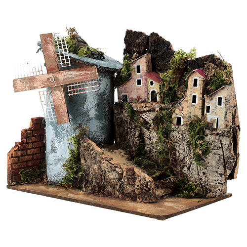 Szenerielement mit Windmühle und grauem Haus – 20 × 25 × 15 cm, geeignet für eine 6–8 cm Krippe, neapolitanischer Stil 2