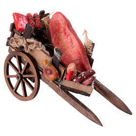 Market cart with meat and charcuterie, 10-12 cm Neapolitan Nativity Scene, 10x5x15 cm