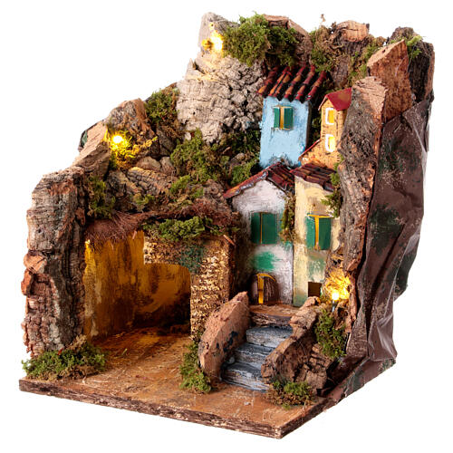 Setting for 6-8 cm Neapolitan Nativity Scene with four houses and stairs, 25x20x20 cm 3