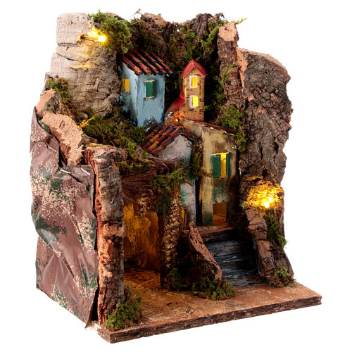 Setting for 6-8 cm Neapolitan Nativity Scene with four houses and stairs, 25x20x20 cm 6