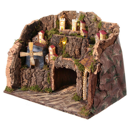 Nativity scene village with windmill Neapolitan 8-10 cm 30x40x28 cm 3