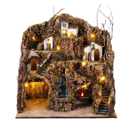 Aldeia cascatas escadas presépio napolitano 10-12 cm casas à distância 50x50x40 cm 2