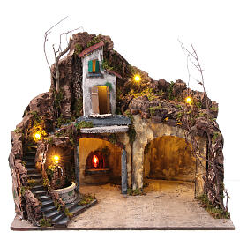 Village with fountain cave and oven for Neapolitan Nativity Scene of 10-12 cm, 50x60x40 cm