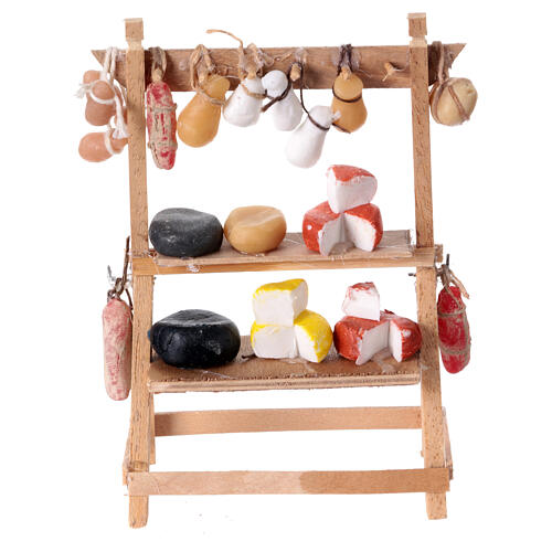 Cheese and salami stall for 10 cm Neapolitan Nativity Scene, wax and wood, 15x10x5 cm 1