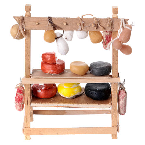 Cheese and salami stall for 10 cm Neapolitan Nativity Scene, wax and wood, 15x10x5 cm 4