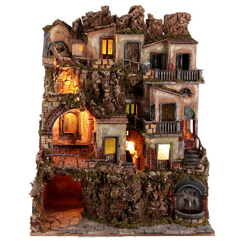 Perched village with sea, fountain and mill for 10 cm Neapolitan Nativity Scene of 18th century style, 85x65x60 cm 1