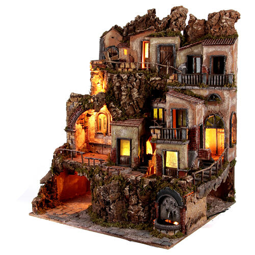 Perched village with sea, fountain and mill for 10 cm Neapolitan Nativity Scene of 18th century style, 85x65x60 cm 3